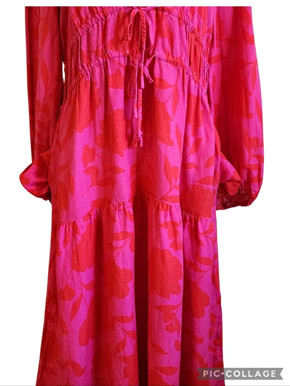 Kate Spade Pink/Red Floral Linen Gathered Dress, Front Ties, Pockets, 3/4 Sleeve - Picture 7 of 14